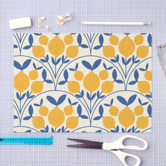 Papel De Seda Mediterranean Yellow Lemons on Blue scallop shapes (Artesanía)