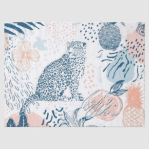 Papel De Seda Melocotón Azul Leopardo Tropical Abstracto