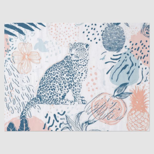 Papel De Seda Melocotón Azul Leopardo Tropical Abstracto (Anverso)