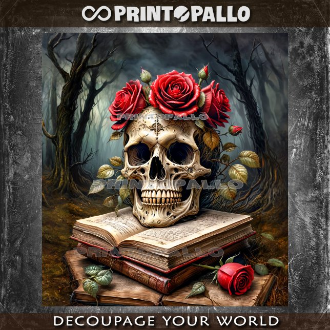 Papel De Seda Memento mori: cráneo, flores rosas y libros (Subido por el creador)