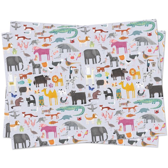 Papel De Seda Menagerie animal (Fun animal menagerie with wild, safari, zoo and pet animals and birds pattern tissue paper)