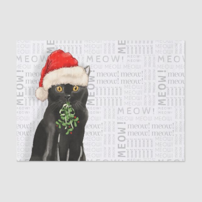 Papel De Seda Meow Word Art y un negro bombay Santa Cat (Anverso)