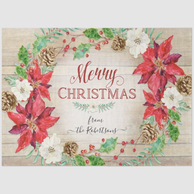 Papel De Seda Merry Christmas Floral Wreath Script Typografía (Anverso)