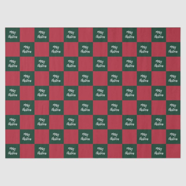 Papel De Seda Merry Christmas Script Green and Red Checkerboard (Anverso)