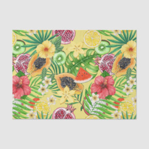 Papel De Seda Mezcla tropical, flores y hojas en amarillo