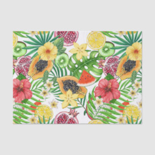 Papel De Seda Mezcla tropical, flores y hojas en blanco