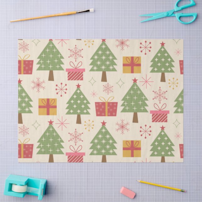 Papel De Seda Mid Century Christmas Atomic Trees with Snowflakes (Artesanía)