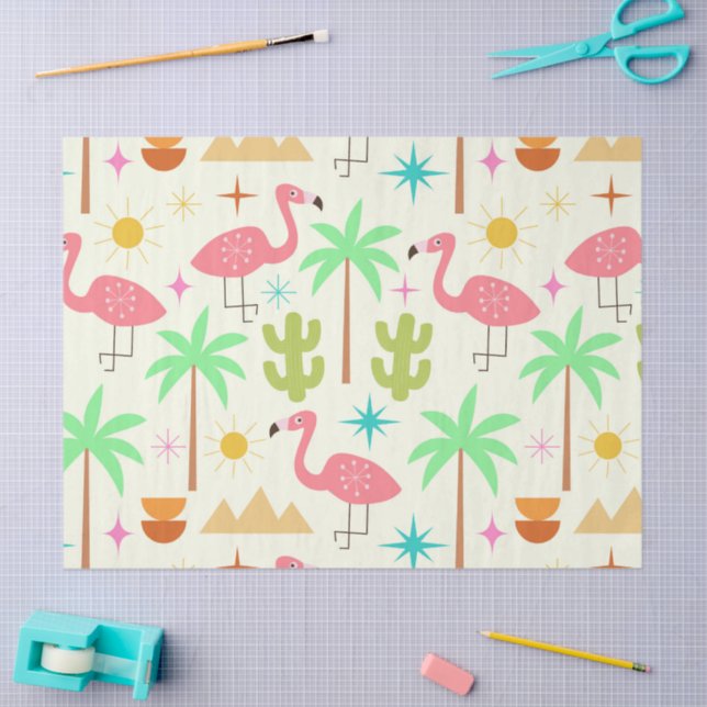 Papel De Seda Mid Century Palm Springs Flamingo with Trees  (Artesanía)