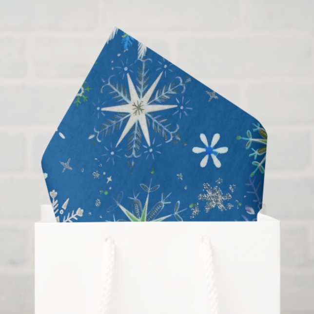 Papel De Seda Mid-Century Snowflakes Galore On Blue (Bolsa de regalo)