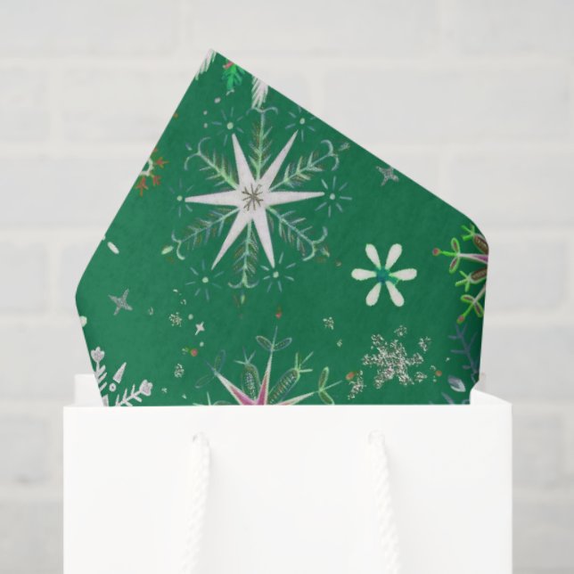 Papel De Seda Mid-Century Snowflakes Galore On Green (Bolsa de regalo)