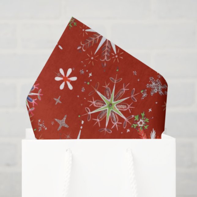 Papel De Seda Mid-Century Snowflakes Galore On Red (Bolsa de regalo)
