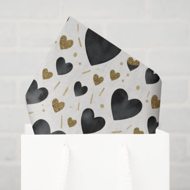 Papel De Seda Midnight Black & Gold Glitter Watercolor Hearts (Bolsa de regalo)