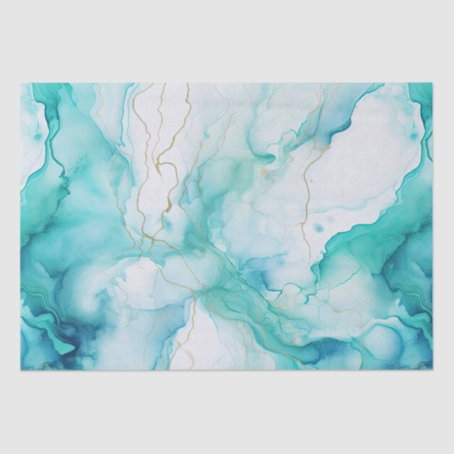 Papel De Seda Mint Aqua Gold Ink Marble (Anverso)