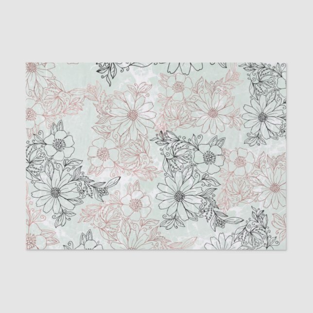 Papel De Seda Mint Black moderno Rosa dorado mármol floral