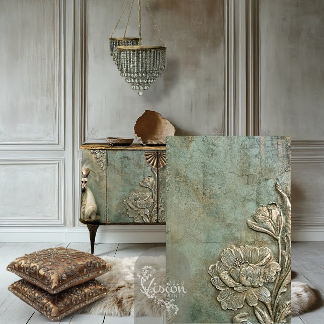 Papel De Seda Mint Sage Allure Nouveau Floral Patina (Art Deco Embossed effect Peony, Roaring 20's Decoupage Tissue paper.)
