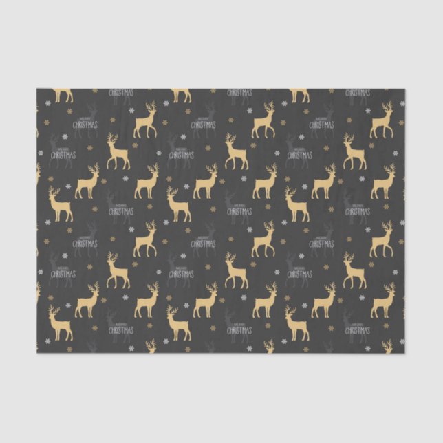 Papel De Seda Moda Black Gold Reindeer Feliz Navidad (Anverso)