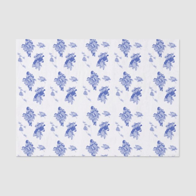 Papel De Seda Moda Chinoiserie clásica Patrón floral azul (Anverso)