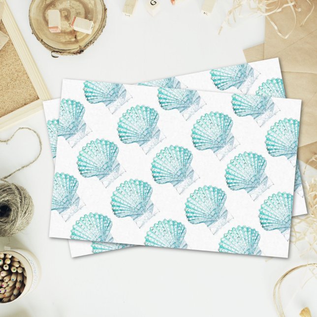 Papel De Seda moda costera azul verde azulado acuarela de sirena (coastal chic teal blue watercolor mermaid seashell tissue paper)