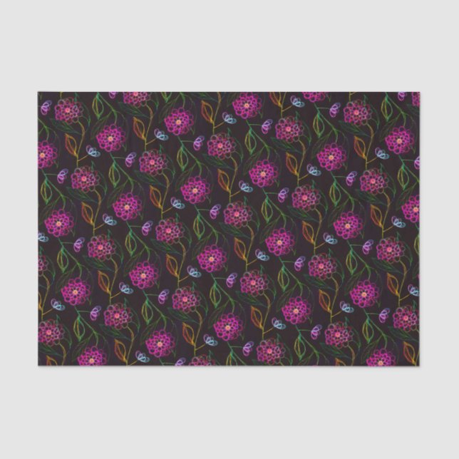 Papel De Seda Moda de patrón floral lindo elegante negro rosa el (Anverso)