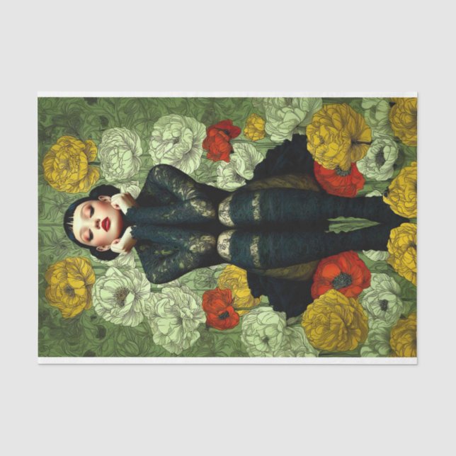 Papel De Seda Moda Femenina Gótica con Flores Decoupage DQ4L (Anverso)