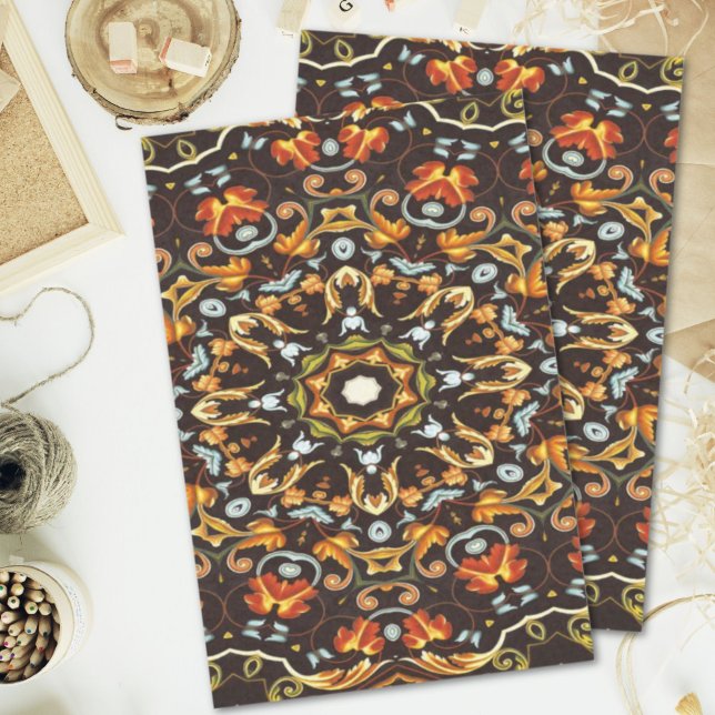 Papel De Seda Moda hippy Zendala naranja deja mandala floral (Hippy Chic Zendala orange leaves floral mandala Tissue Paper)