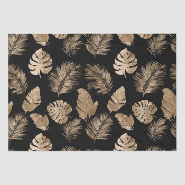 Papel De Seda Moda Hojas Tropicales de Oro Negro (Anverso)
