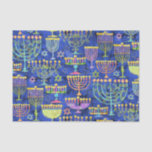 Papel De Seda Moda Oro Azul Menorah Estrella de David Hanukkkah<br><div class="desc">Este papel de tejidos de vacaciones presenta un patrón de moda de oro,  menorá verde y púrpura y Estrella de David dorada en un fondo azul. Diseñado por el mundialmente reconocido artista Tim Coffey.</div>