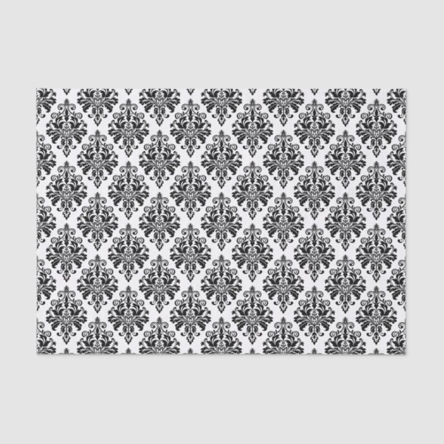 Papel De Seda Modelo blanco y negro elegante del damasco (Anverso)