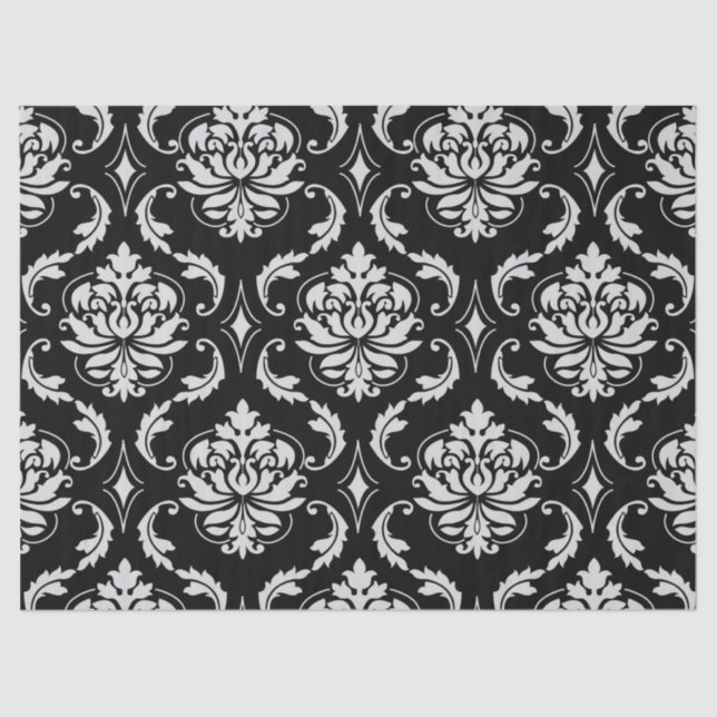 Papel De Seda Modelo floral blanco y negro clásico del damasco (Anverso)