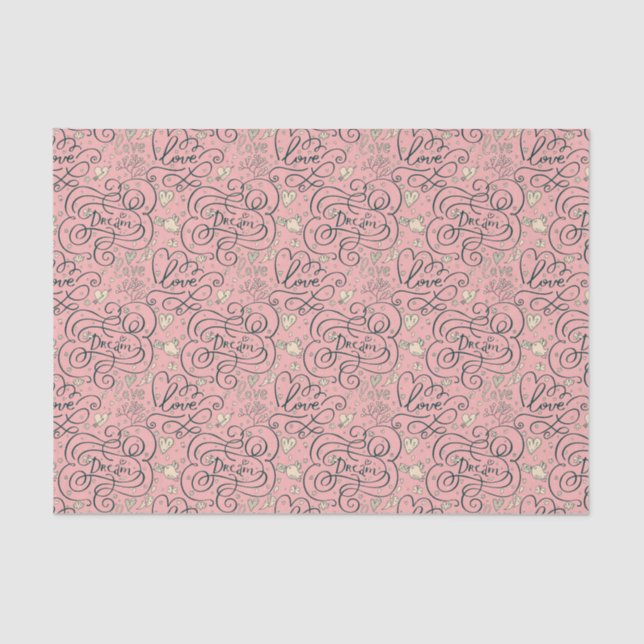 Papel De Seda Modelo romántico con los corazones y los pájaros (Anverso)