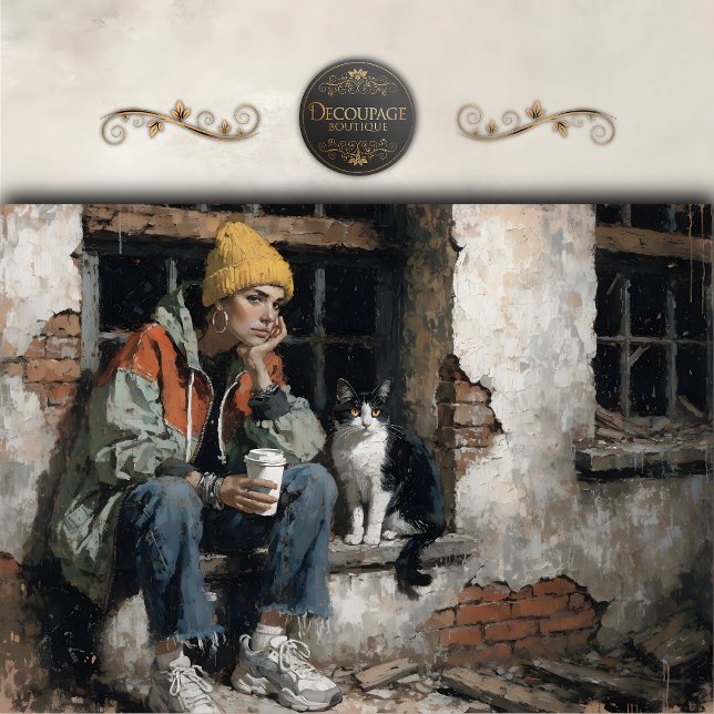 Papel De Seda Modern Girl with Cat Urban Decoupage (Modern Girl with Cat Urban Decoupage)