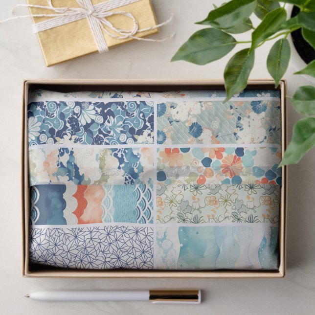 Papel De Seda Modern Japanese Indigo Pattern Collage Sampler (Subido por el creador)