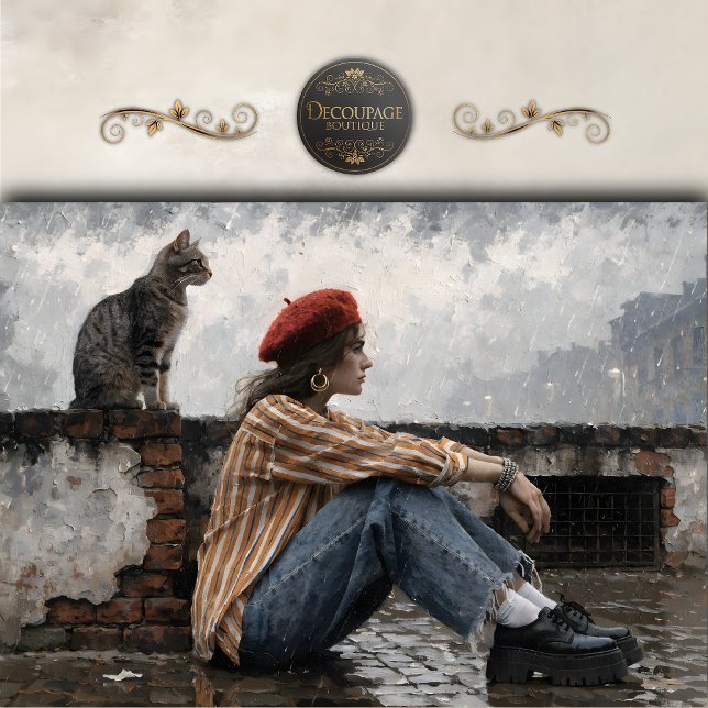 Papel De Seda Modern Woman in Beret with Cat Decoupage (Modern Woman in Beret with Cat Decoupage Tissue Paper)