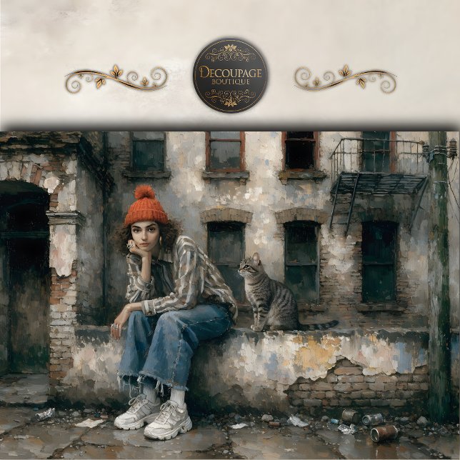 Papel De Seda Modern Woman with Cat Urban Decoupage (Modern Woman with Cat Urban Decoupage Tissue Paper)