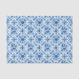 Papel De Seda Moderna acuarela mediterránea azul y blanca