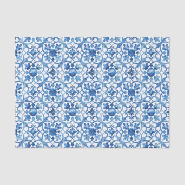 Papel De Seda Moderna acuarela mediterránea azul y blanca (Anverso)