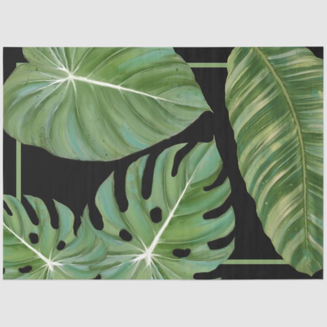 Papel De Seda Moderna hoja de jungla tropical negro verde (Anverso)