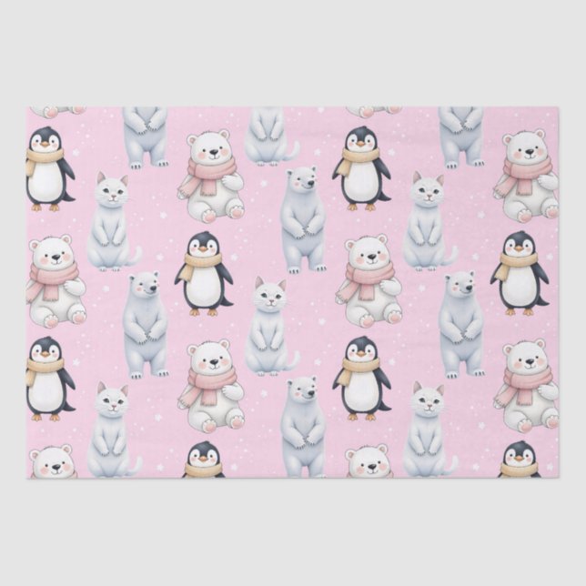 Papel De Seda Moderno Trendy Bear pingüino gato Seamless Pattern (Anverso)
