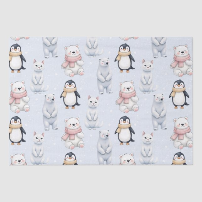 Papel De Seda Moderno Trendy Bear pingüino gato Seamless Pattern (Anverso)