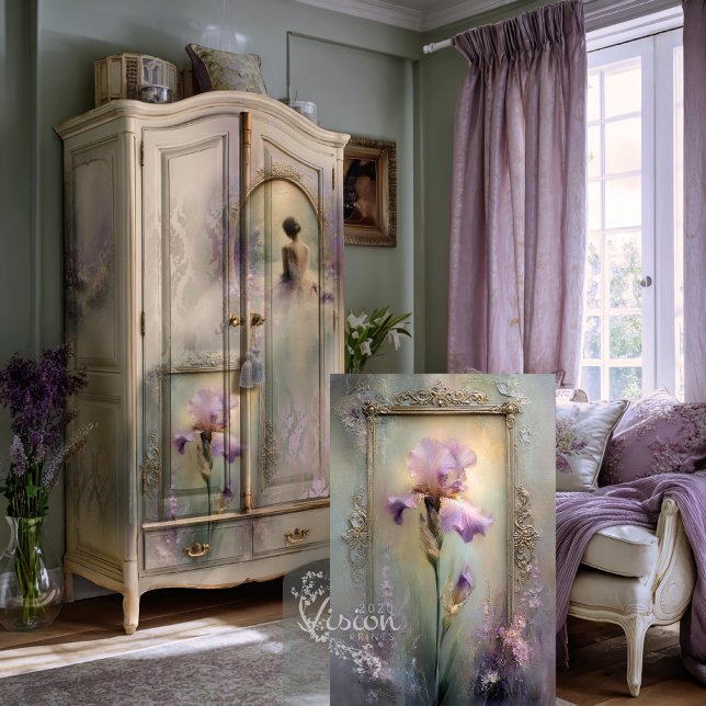 Papel De Seda Momentos delicados Marco ornado dorado con lirio p (Iris print leaning against vintage sage painted armoire lavender French bedroom setting)