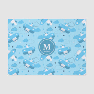 Papel De Seda Monograma blanco y azul y niños nubes