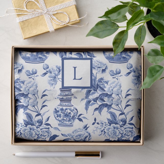 Papel De Seda Monograma Chinoiserie Azul  (Regalo )
