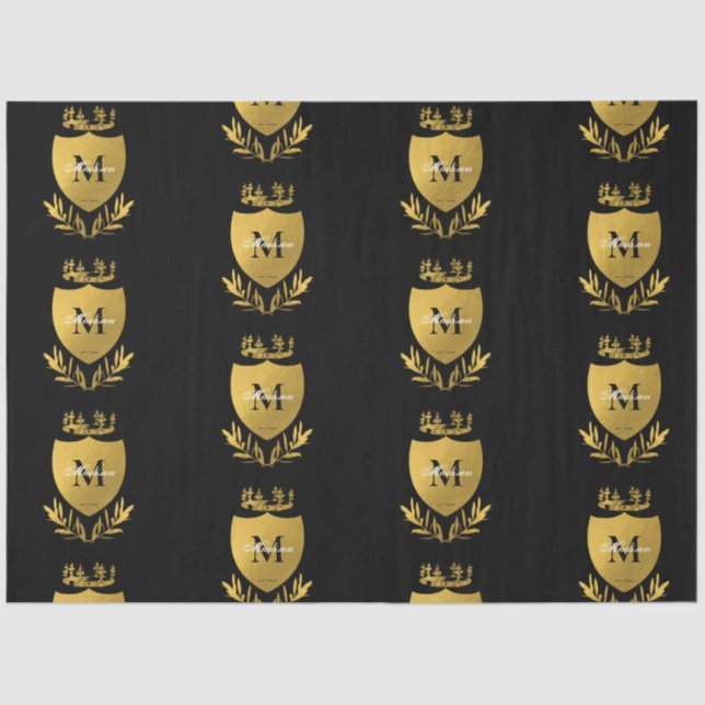 Papel De Seda Monograma de Escudo Real Negro y Oro (Anverso)