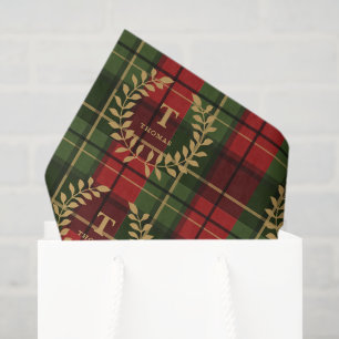 Papel De Seda Monograma de Laurel sobre Plaid de Navidad Rojo y 