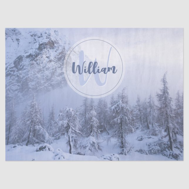 Papel De Seda Monograma de niebla del bosque de abeto de inviern (Anverso)