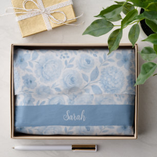 Papel De Seda Monograma de nombre floral de acuarela azul blanco