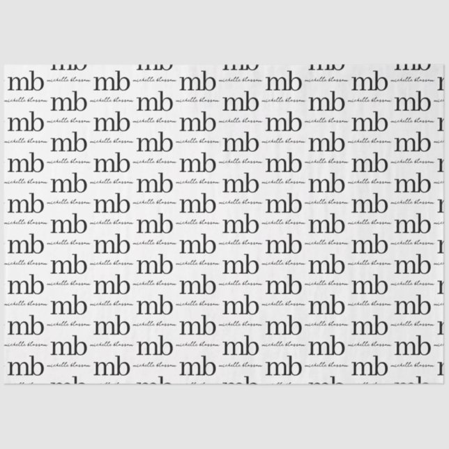 Papel De Seda Monograma inicial de moda en blanco negro moderno (Anverso)