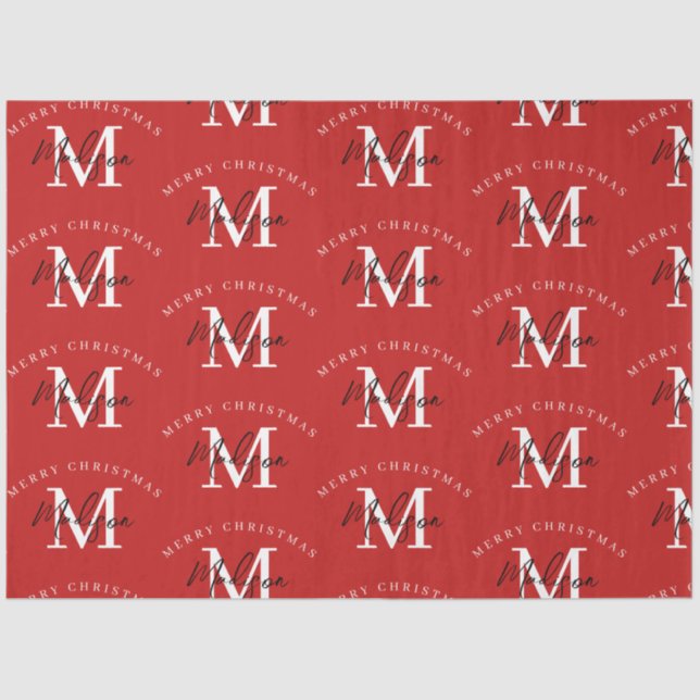 Papel De Seda Monograma rojo navideño personalizado (Anverso)