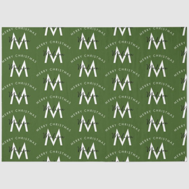 Papel De Seda Monograma verde navideño moderno personalizado (Anverso)