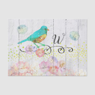 Papel De Seda Monogramado Rustic Bluebird Pink Hydrangea Floral